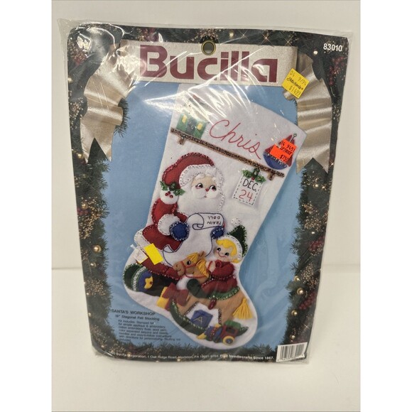 Santa's Workshop Christmas Stocking Felt Applique Kit Bucilla NIP 18 in NEW - Picture 1 of 3